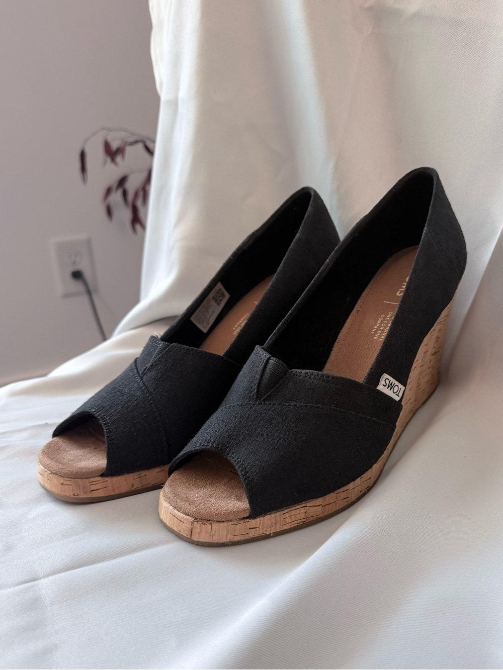 TOMS Black Cork Peep-Toe Wedge Heels,
9 1/2 - Picture 1 of 4
